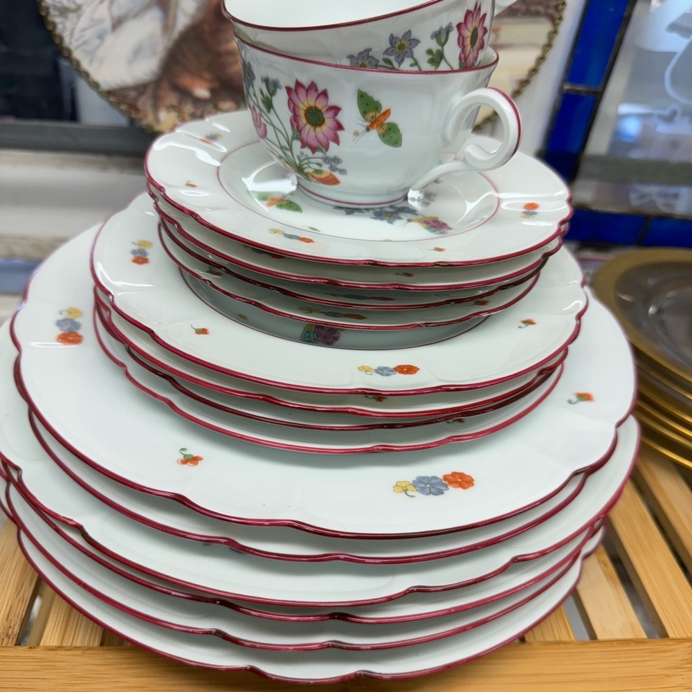 Havilland Vintage Floral Porcelain Dinnerware Set with Red Trim